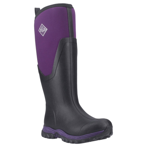 Side view of the Muck Boots Women's Arctic Sport Tall II Wellington Boot in black and acai purple, featuring a rugged sole and tall waterproof neoprene upper. Side view of the Muck Boots Women's Arctic Sport Tall II Wellington Boot in black and acai purple, featuring a rugged sole and tall waterproof neoprene upper.