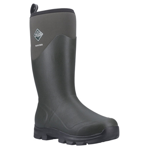 Front of the Muck Boots Rancher Wellington Boot in black, highlighting the waterproof rubber construction, high neoprene shaft, and pull tab.