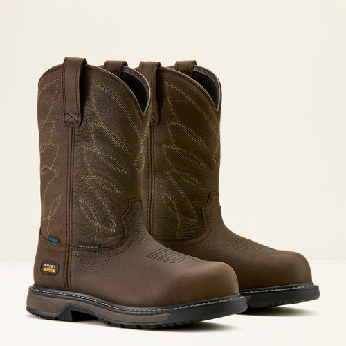 Brown leather work boots with composite toes and rugged soles, featuring decorative stitching and pull loops. The boots convey durability and functionality.