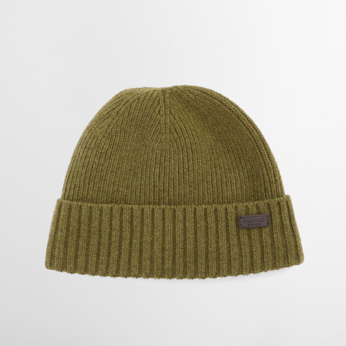 Knitted olive green beanie with a ribbed texture and a folded brim, featuring a small leather patch on the side. Set against a plain white background.