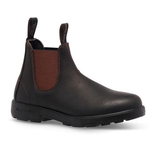 Dark brown leather slip-on Chelsea work boot with brown elastic side panels, dual pull tabs, and rugged black outsole, designed for comfort and durability in work environments.