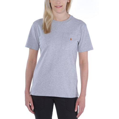 A woman in a simple, casual pose wears a light grey T-shirt with a small logo on the chest pocket and black trousers. The background is plain white.