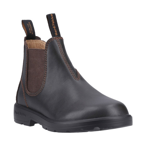A dark brown leather Chelsea boot with elastic side panels, front and back pull tabs, contrast stitching, and a rugged black rubber sole. The boot has a sleek, slip-on design suitable for casual or workwear.