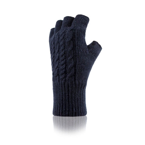 A navy fingerless glove with a cable knit design.