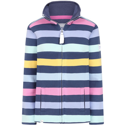 A women's zip-up sweatshirt featuring wide horizontal stripes in navy blue, light blue, mint green, lavender, pink, and yellow. The sweatshirt has a stand-up collar with a zip and side pockets, and the fabric appears to be soft and stretchy.