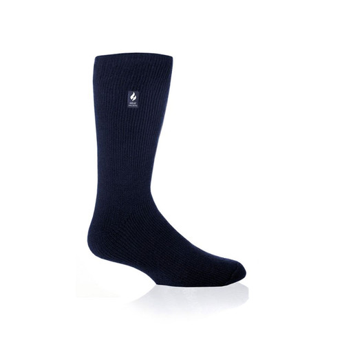 A side view of a navy sock.