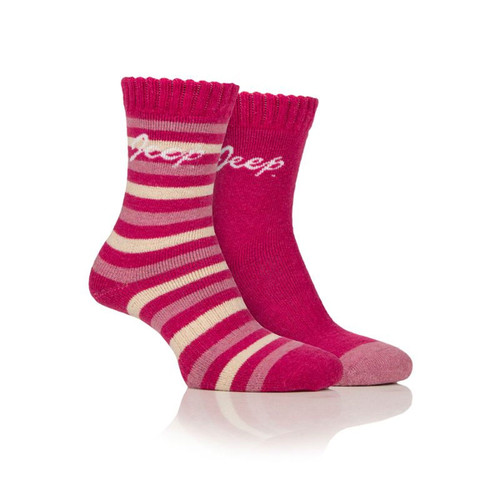 Two ankle socks, one with a pink and white striped pattern and the other a plain pink colour.