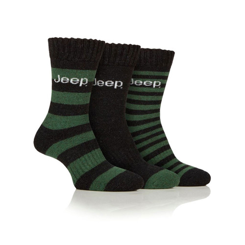 A row of three socks with two varying green and black striped designs and the other with a plain black design.