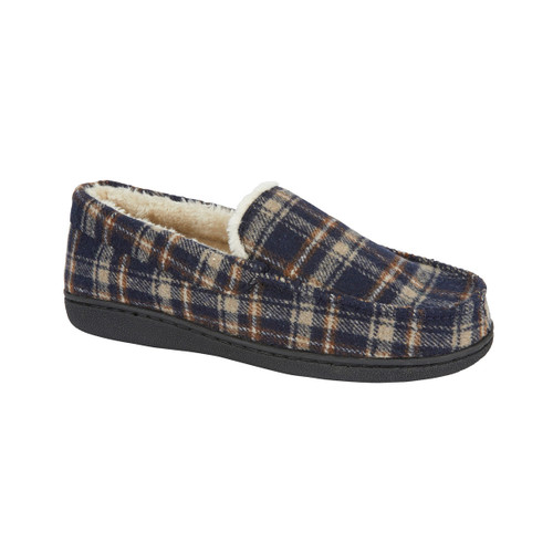 A men’s moccasin-style slipper with a navy, beige, and brown tartan check pattern, black sole, and a warm cream fleece lining.