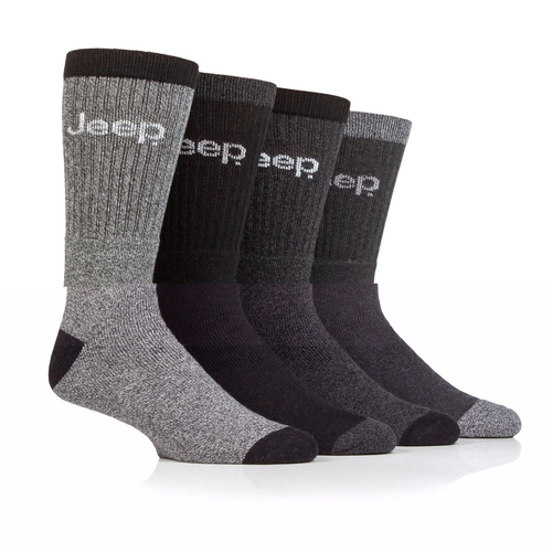 A row of four socks in varying black and grey colourways.