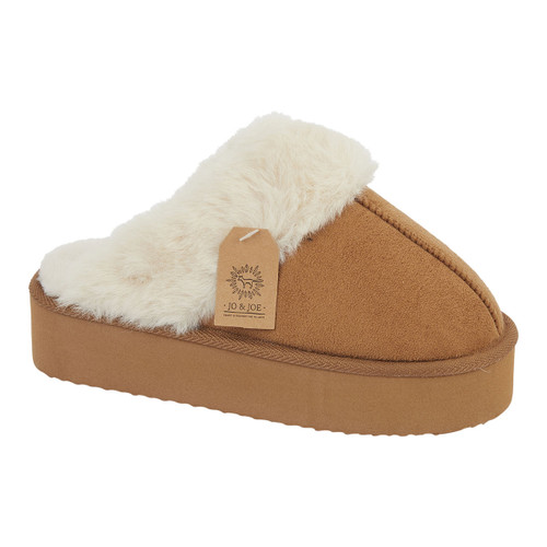 A women’s tan mule slipper with a thick sole, soft faux suede outer, and plush cream faux fur collar, featuring a Jo & Joe branded tag.
