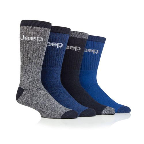 A row of four socks in varying navy and grey colourways.