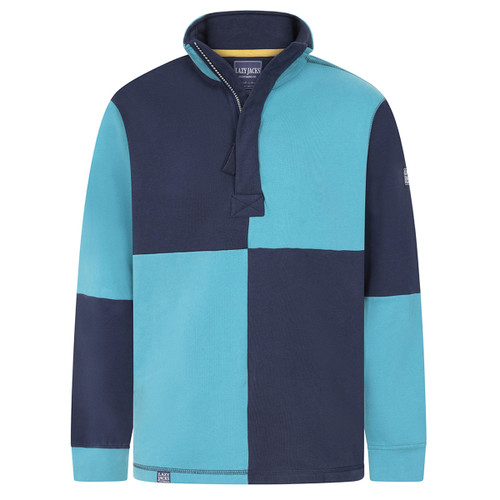 Lazy Jacks men's block rugby sweatshirt in navy and turquoise – quartered colour-block design with stand-up collar, concealed zip placket, and signature Lazy Jacks branding on the arm. Classic long sleeve style with bold nautical-inspired contrast.