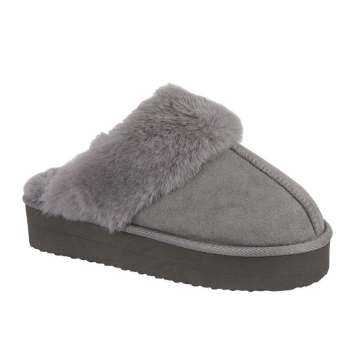 A women’s grey mule slipper with a thick sole, soft faux suede outer, and plush cream faux fur collar, featuring a Jo & Joe branded tag.