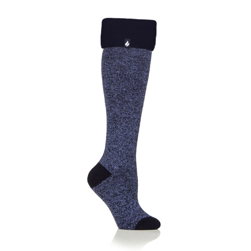 A side view of a navy coloured wellington boot sock.