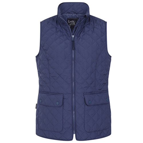 Front view of a Lazy Jacks women's quilted gilet in navy blue, featuring a diamond-stitched pattern, full front zip, two flap pockets with snap-button closures, and a high collar for added warmth.