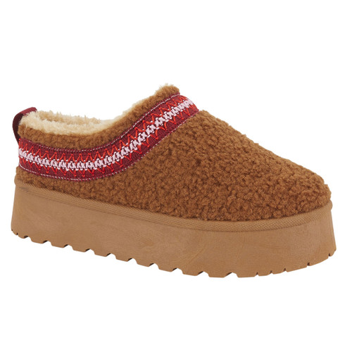 Side view of a Jo & Joe women’s platform slipper in tan borg fabric with cream faux fur lining and a decorative red and white woven trim.