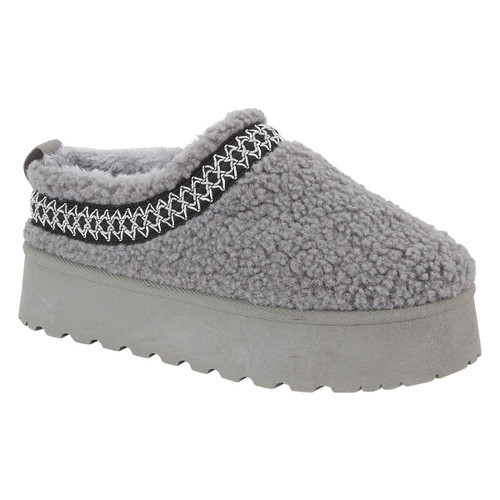 Side view of a Jo & Joe women’s platform slipper in grey borg fabric with grey faux fur lining and a decorative grey woven trim.