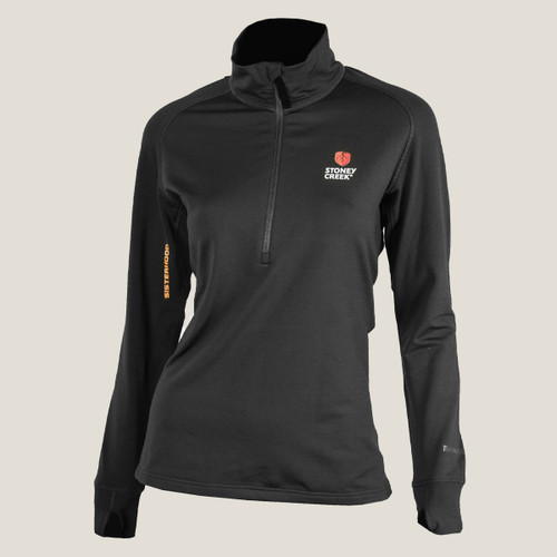 Front view of the Stoney Creek Women’s Active Top in Black, featuring a quarter zip, long sleeves with thumb loops, and "Sisterhood" printed on the arm.