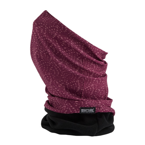 Regatta Adults Multi Tube II neck gaiter in dark plum purple with abstract tonal dash print, made from soft stretch fabric with black fleece lining for added warmth, ideal for winter hiking or outdoor sports.