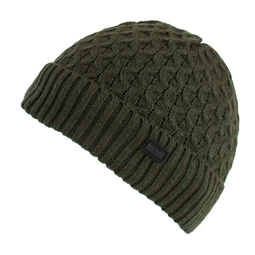 Olive green Harrell beanie hat with cable-knit texture and ribbed hem, featuring Regatta Great Outdoors logo patch — ideal for outdoor winter wear.