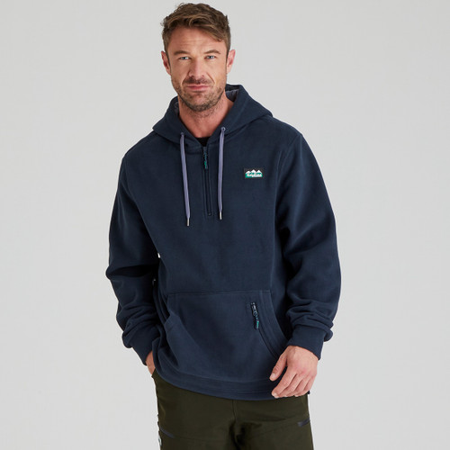 Front view of a navy Ridgeline fleece hoodie on a model.