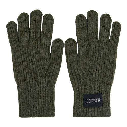 Two olive green knitted gloves with ribbed texture, displayed side by side. A black label on one glove reads "Regatta Great Outdoors." Warm and cozy tone.