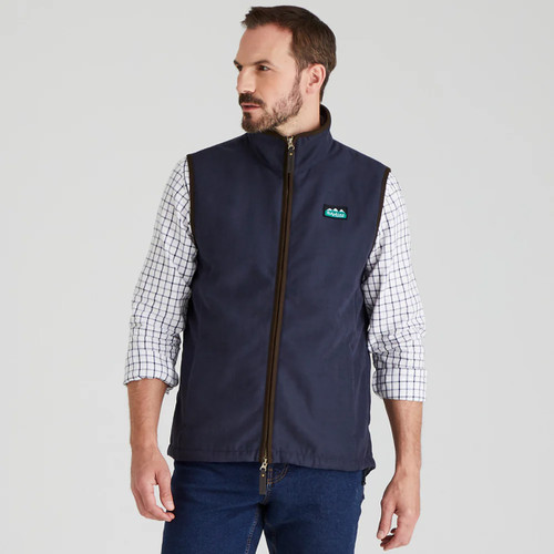 Navy fleece gilet for men with full-length zip and embroidered Ridgeline logo on chest.
