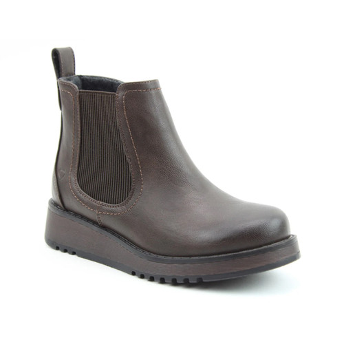 A front view of a brown Heavenly Feet ankle boot on a white background