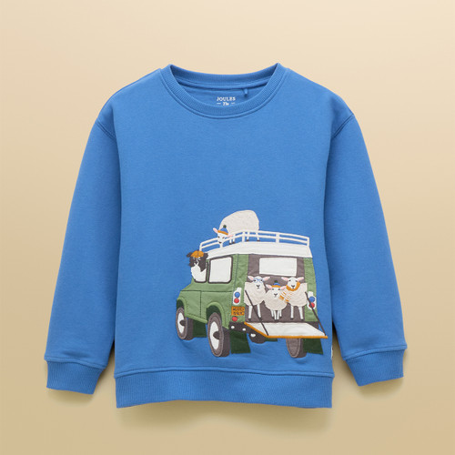 A front view of a Joules children's blue sweatshirt with a farm yard design