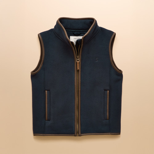 A front view of a navy blue Joules children's fleece gilet