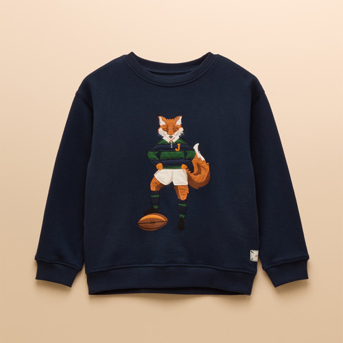A front view of a navy Children's Joules Jonty Fox sweatshirt