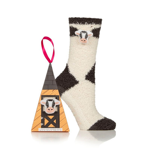 A front view of a 2 pack of cow print socks
