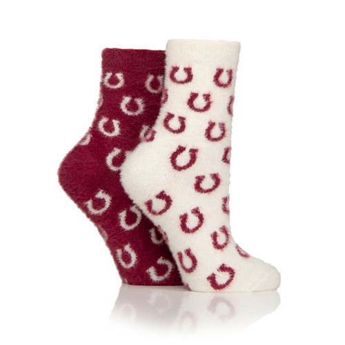 A view of a 2 pack of fluffy red and cream socks on a white background