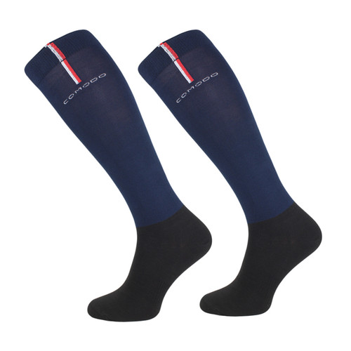 A view of a pair of navy riding socks on a white background
