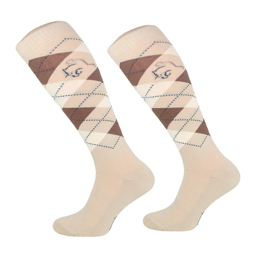 A view of a pair of beige riding socks on a white background