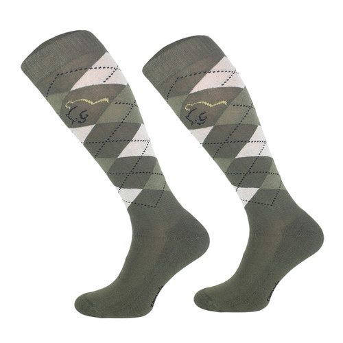 A view of a pair of green riding socks on a white background