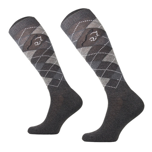 A pair of grey women riding socks on a white background
