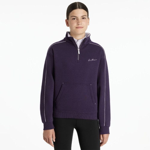 Juniper purple quarter-zip sweatshirt with contrast lilac piping, embroidered LeMieux script logo on the chest, and front kangaroo pocket.
