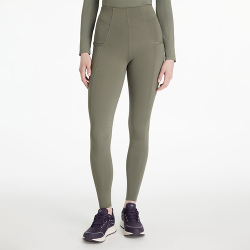 Front view of LeMieux Naomi pull-on breeches in sage green, designed with high waistband and side pockets.