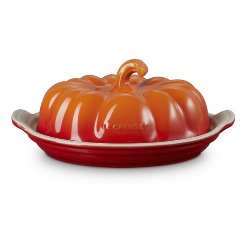 Front view of the Le Creuset Pumpkin Butter Dish in Volcanic, with pumpkin-shaped lid resting on the base.
