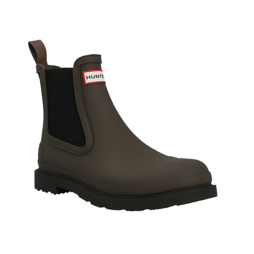 A dark brown Chelsea wellington boot with a black sole.