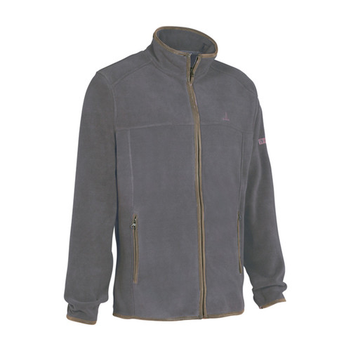 A gray fleece jacket with a high collar and brown zipper detailing. The jacket includes two front zippered pockets, conveying a casual, cosy vibe.