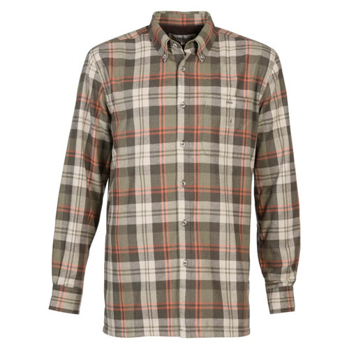 Plaid button-up shirt with muted green, brown, cream, and subtle orange stripes. Features a collar and long sleeves, conveying a casual, rustic feel.
