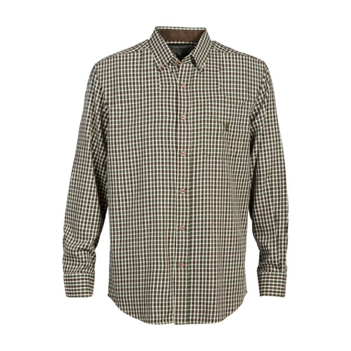 A long-sleeved shirt with a brown and green checkered pattern, featuring a button-down collar and front pocket. The style is classic and casual.