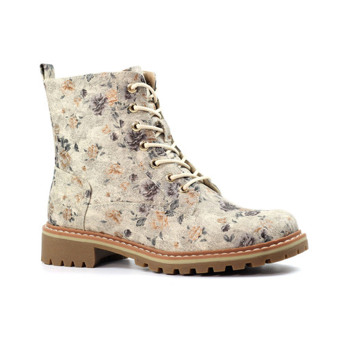 Side view of the Lunar Dazzle Floral Ankle Boot in beige, featuring a delicate floral print, eyelet lace-up design, and chunky tan sole with stitching detail.