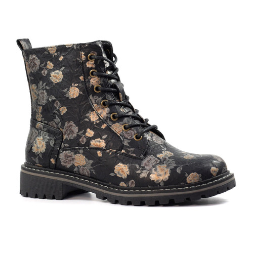 Side view of the Lunar Dazzle Floral Ankle Boot in black, featuring a vintage-style floral print, black eyelet lace-up fastening, and chunky black sole.