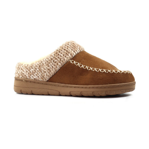 Side view of the Lunar Women's Albany Slippers in tan, featuring a slip-on design, soft fleece lining, knit collar detail, and a cushioned sole.