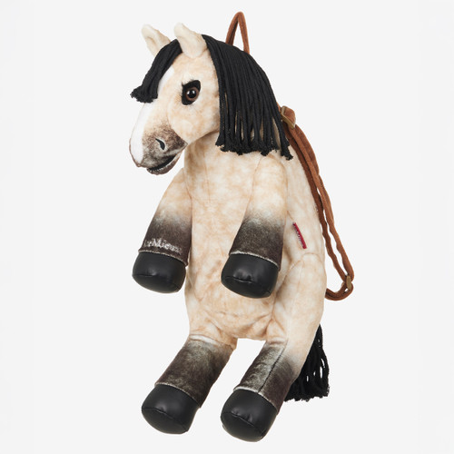 Plush horse backpack with realistic features, black mane, and brown gradient hooves. It has adjustable straps and a cute, cuddly appearance.