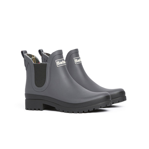 Pair of Barbour Mallow Chelsea Welly boots in charcoal black with elastic side panels and black rubber soles.